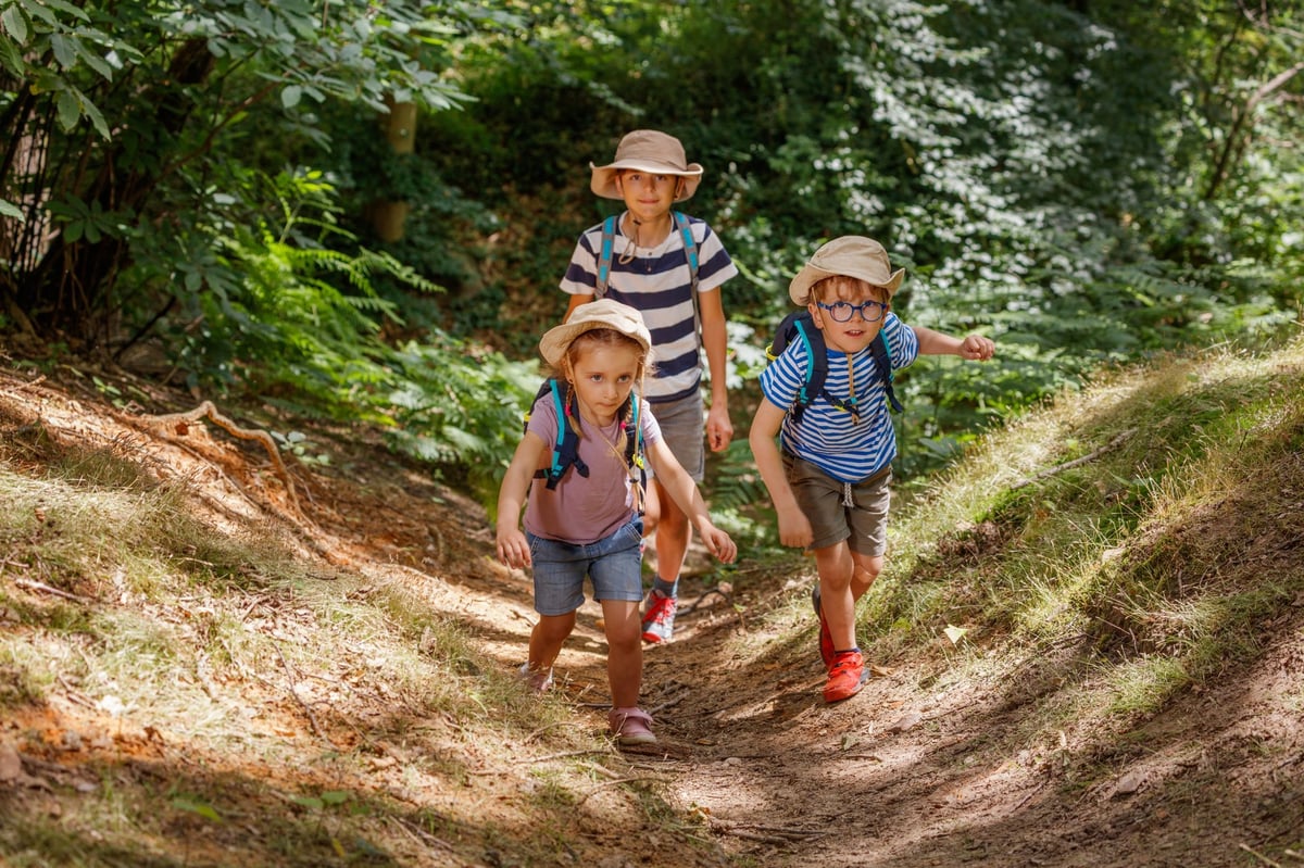Three young adventurers, equipped with hats and backpacks, trek along a forested path, greenery all around