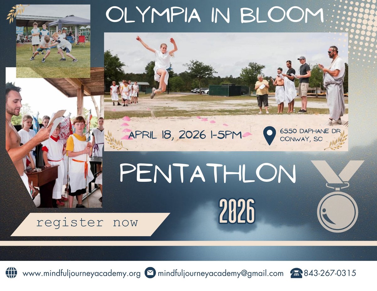 Olympia in Bloom Pentathlon 2026 event poster with photos of youth athletes competing, scheduled April 18, 2026 in Cody, SC.