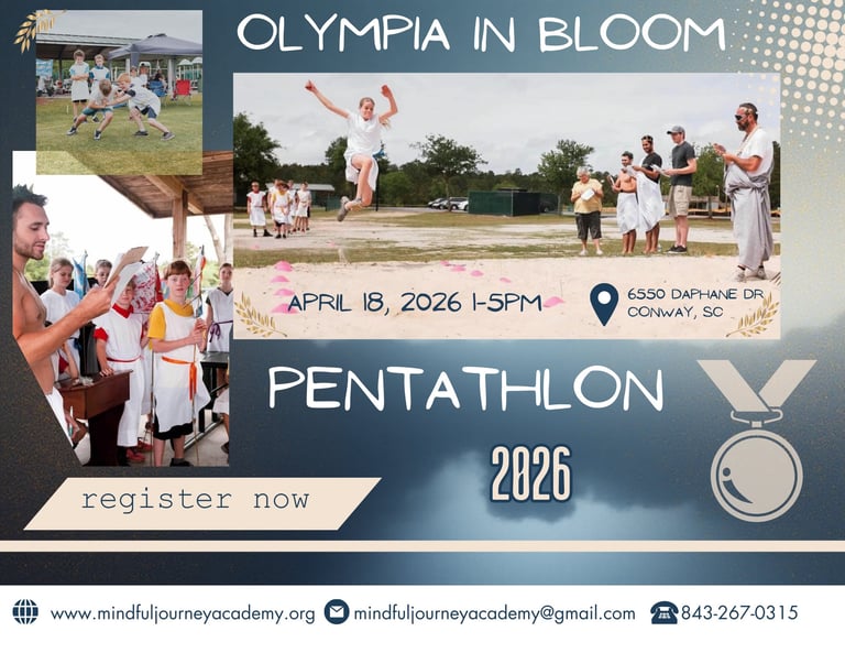 Olympia in Bloom Pentathlon 2026 event poster with photos of youth athletes competing, scheduled April 18, 2026 in Cody, SC.