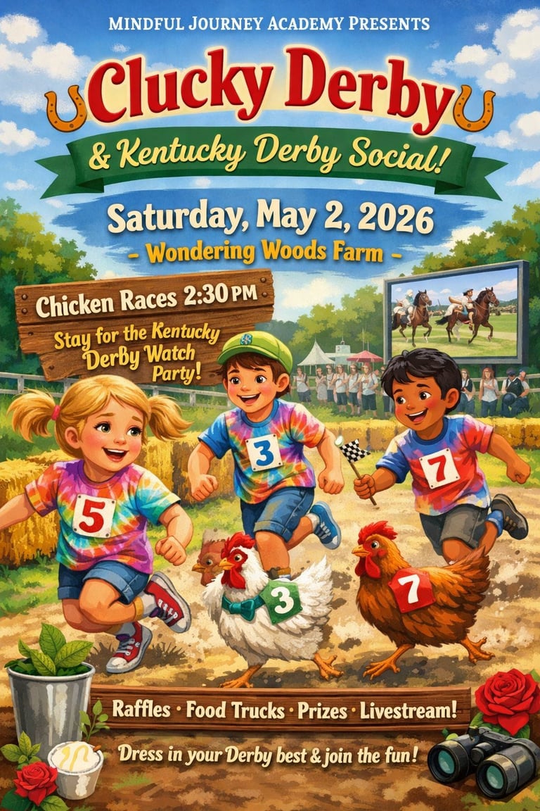 Colorful poster for Clucky Derby and Kentucky Derby Social event on May 2, 2026, featuring cartoon children racing with chickens at a farm.