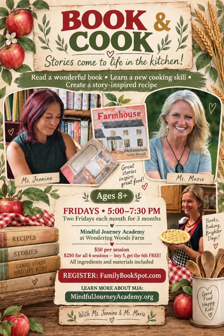 Book and Cook program flyer featuring two instructors, apples, wheat, and recipe cards with class details for ages 8+
