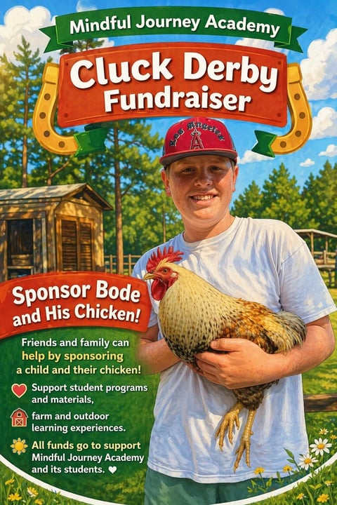 Man in red baseball cap holding a rooster in front of a barn, promoting Mindful Journey Academys Cluck Derby Fundraiser