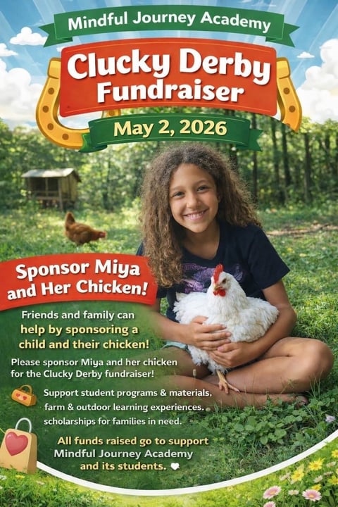 Girl holding white chicken for Mindful Journey Academy Clucky Derby Fundraiser on May 2, 2026